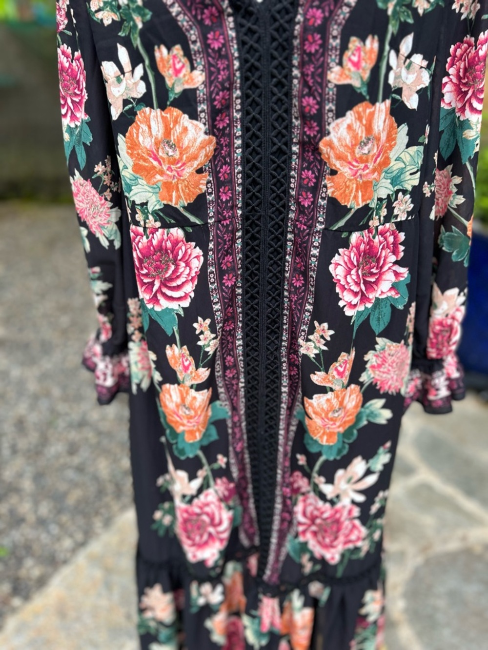 Altar'd State Black Floral V-Neck Maxi Dress with Pink & Peach Roses - Size S - Picture 3 of 8